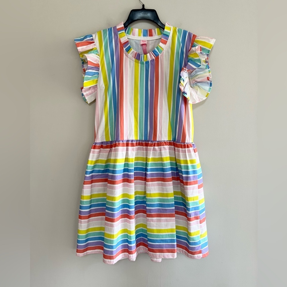 The Tiny Tassel Ruffle Sleeve Drop-Waist Cotton Rainbow Striped Mini Dress, S